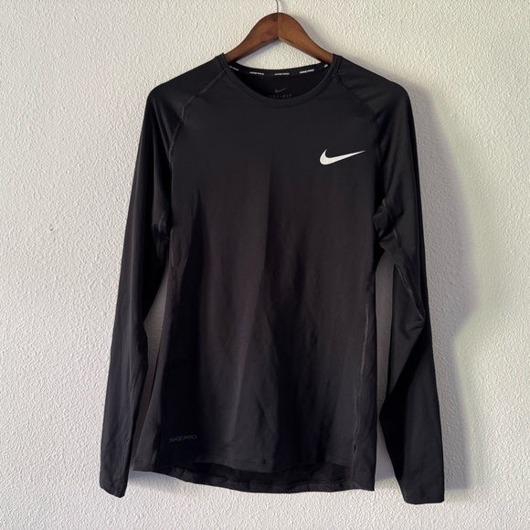 Nike Pro Slim Fit Training Shirt Black Long Sleeve Athletic Swoosh Logo Lg NEW - Picture 3 of 12